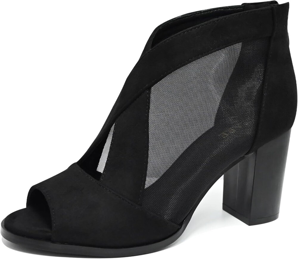SICARE Women's Faux Suede & Mesh Peep Toe Block Heel Booties, Black, Size 7 US,